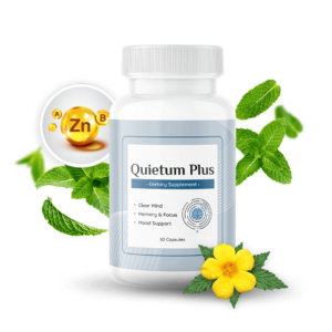Quietum Plus hearing support supplement bottle with natural herbal ingredients like yam and dong quai for ear and brain health.